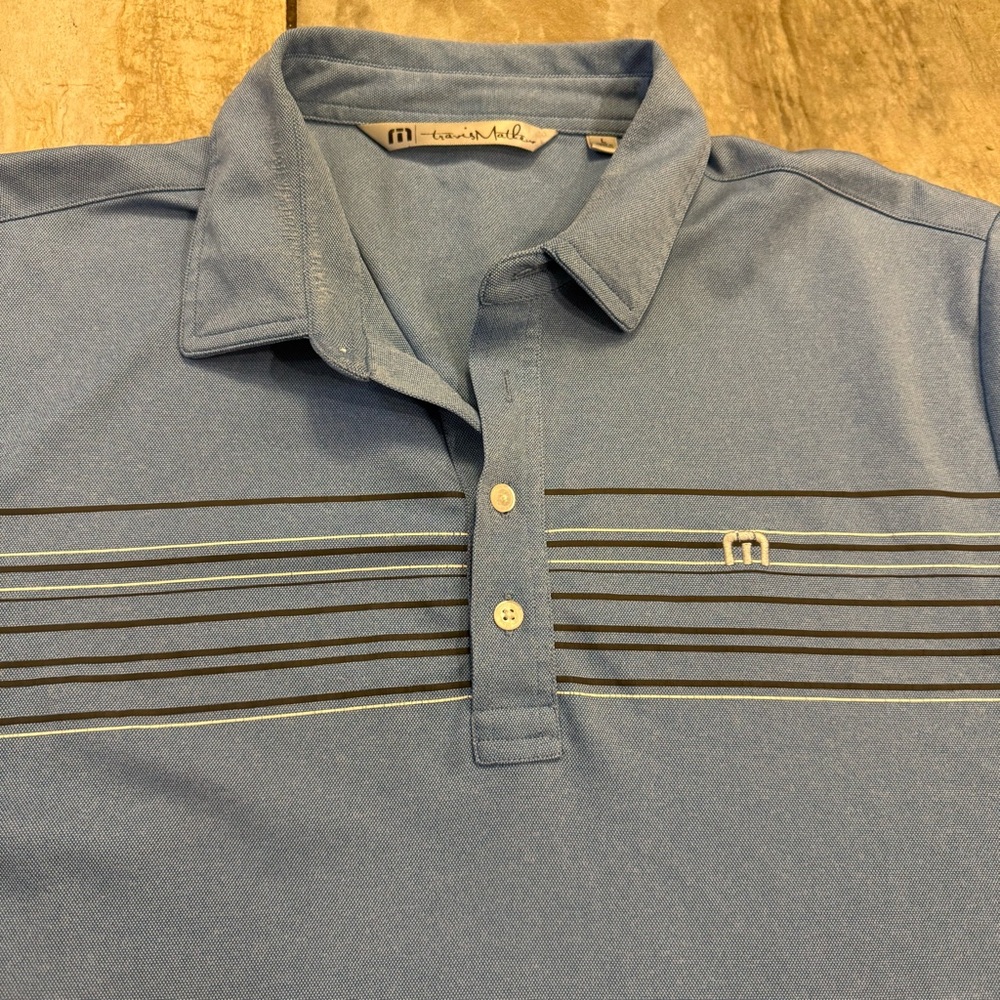Travis‎ Mathew Polo Shirt Mens Large Blue Stripe Logo Golf Performance